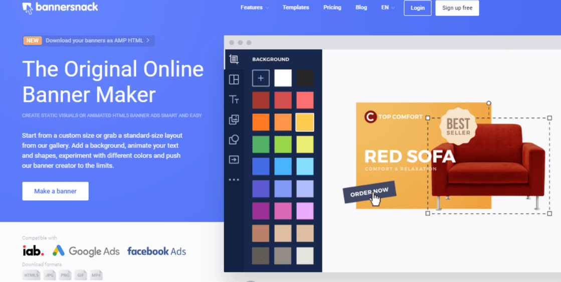Bannersnack to intuicyjny kreator banerów typu „przeciągnij i upuść”, który umożliwia tworzenie banerów od zera lub szablonów w obszernej bibliotece szablonów.
