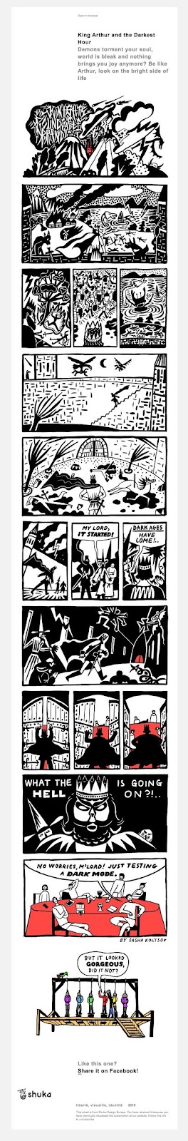 Por exemplo, este e-mail do Shuka Design Bureau tem um hiperlink “Compartilhe no Facebook”.