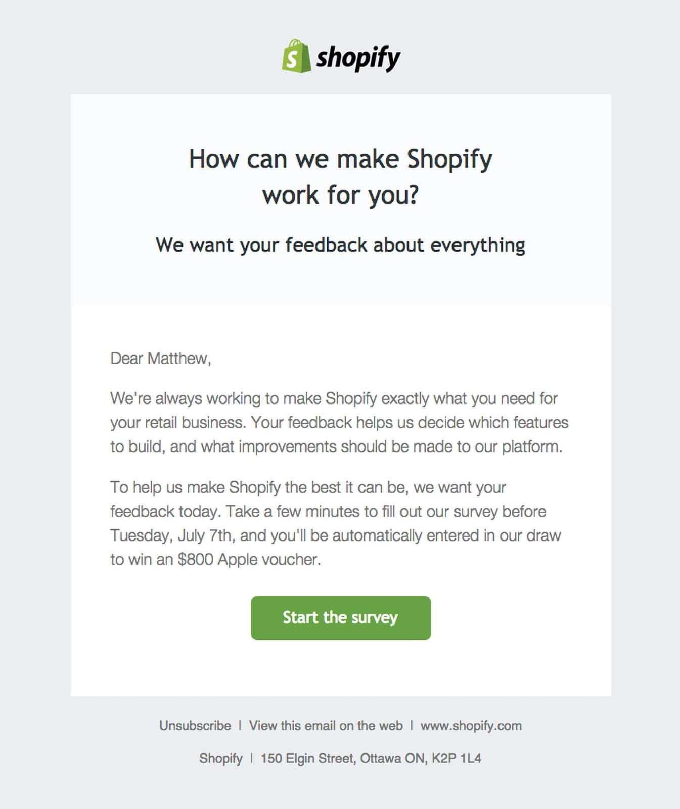 Exemplo de e-mail da Shopify