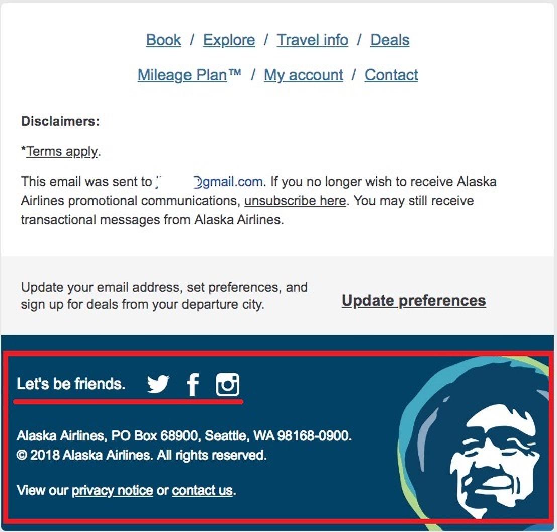 Exemplo de e-mail da Alaska Airlines