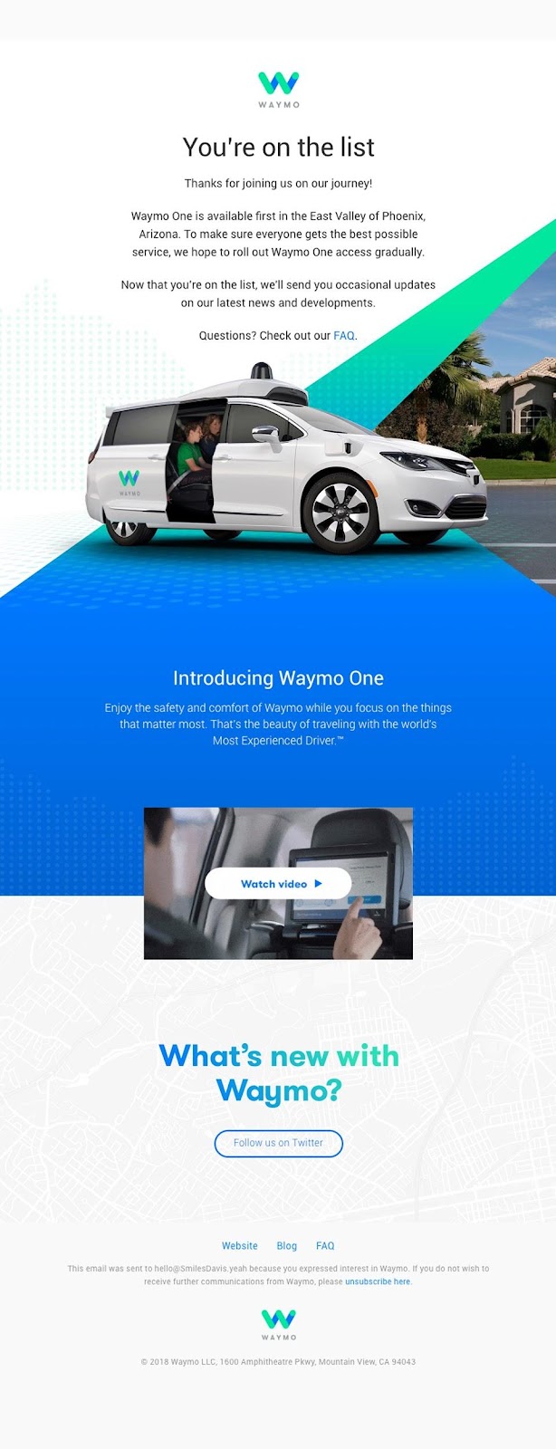 Exemplo de e-mail de boas-vindas Waymo
