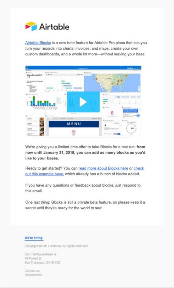 E-mail do Airtable destacando o mais novo recurso