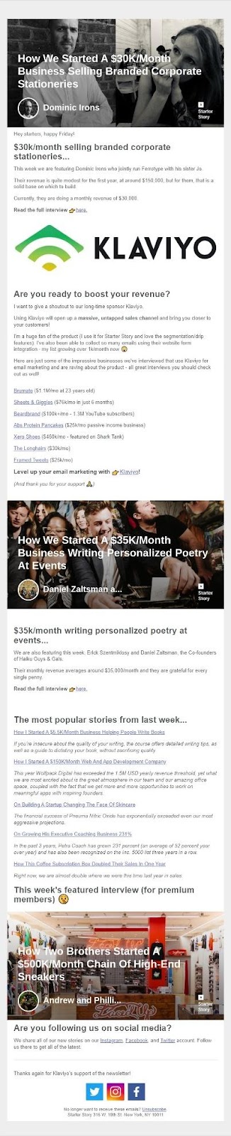 Exemplo de boletim informativo Klaviyo