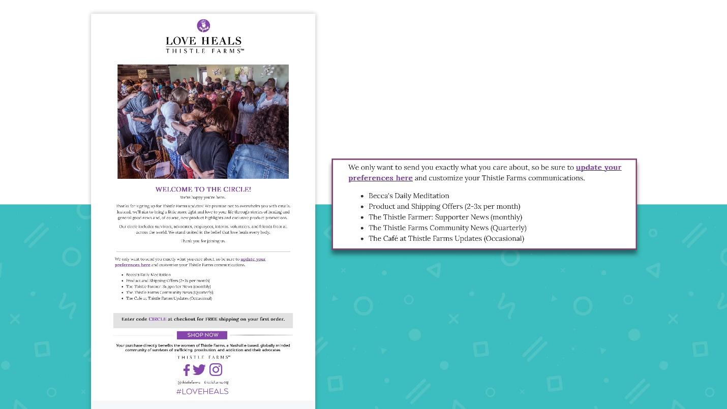 Thistle Farms hoş geldiniz e-postası örneği