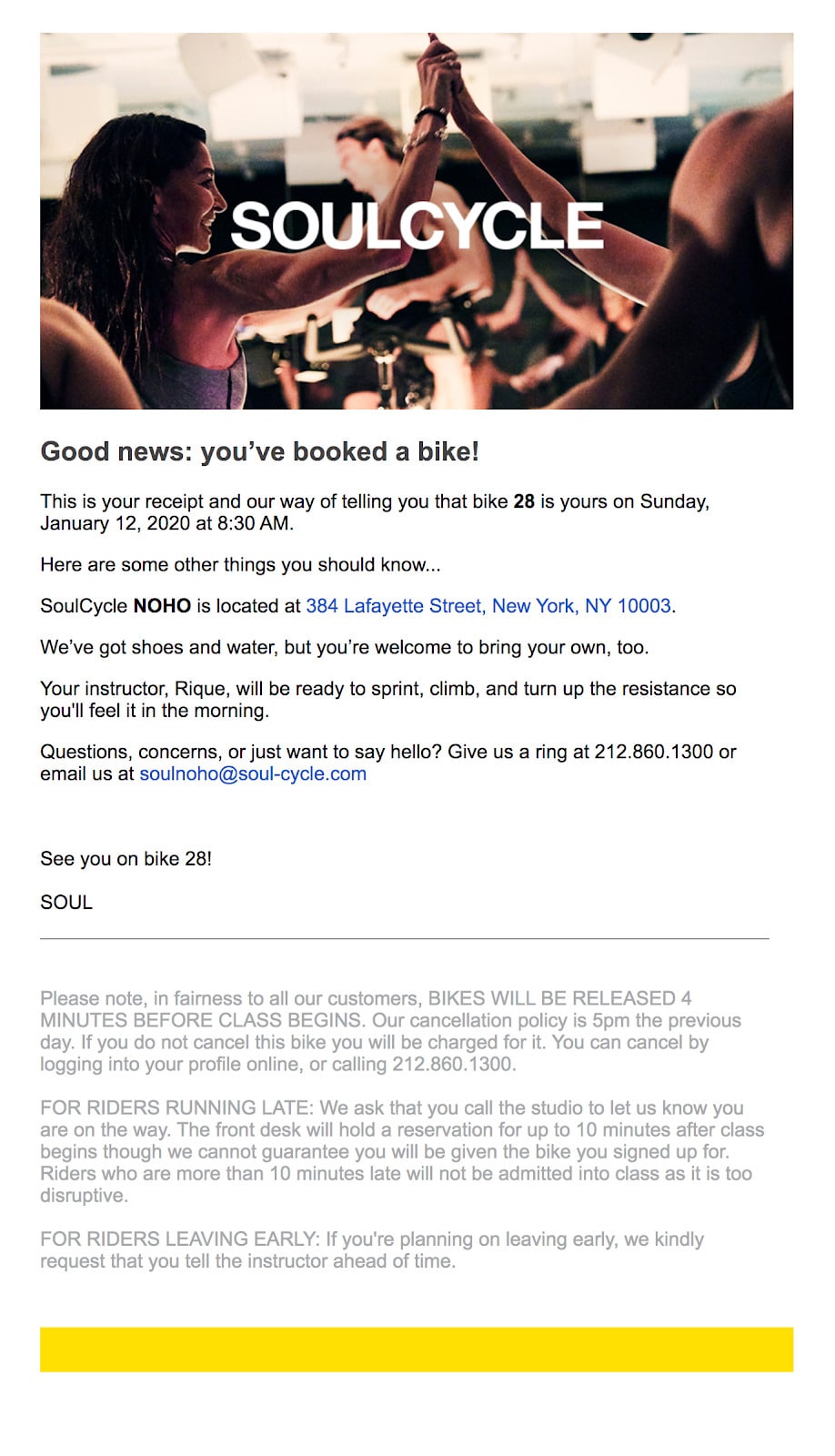 e-mail de confirmação do soulcycle