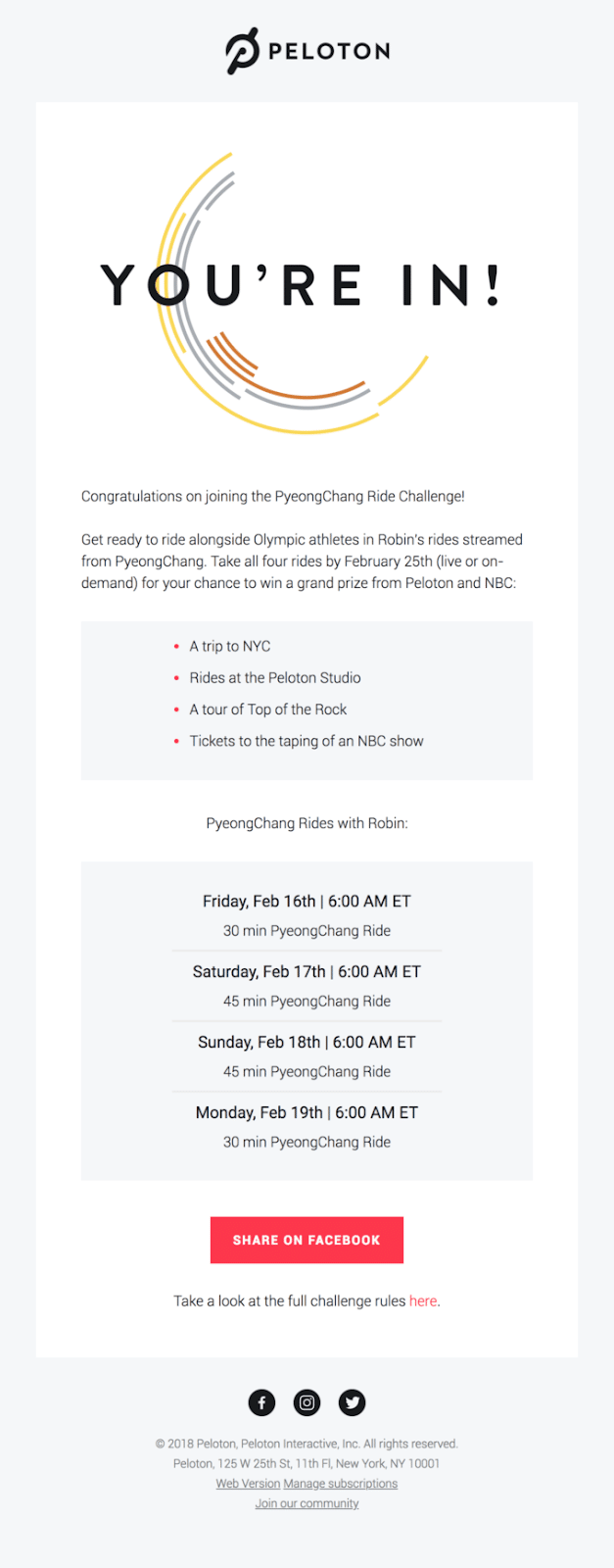 E-mail do Desafio de Passeio Peloton PyeongChang