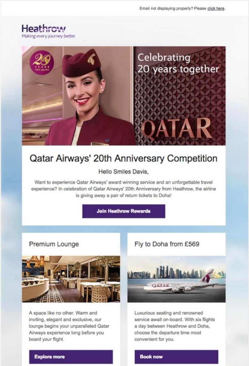 Exemplo de e-mail do aeroporto de Heathrow