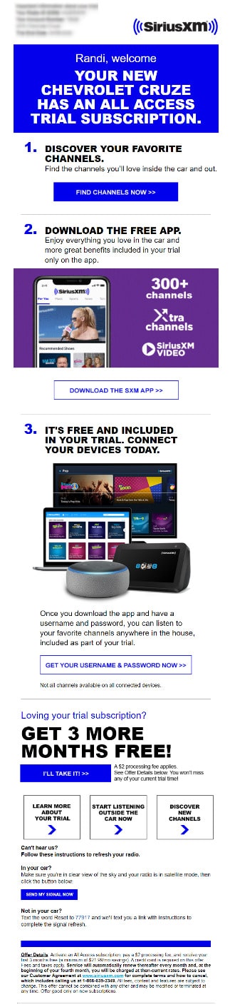 ตัวอย่างอีเมลวิทยุ SiriusXM
