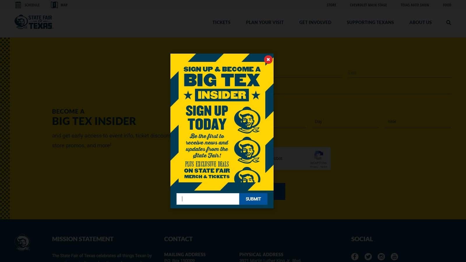 A State Fair of Texas criou um formulário de inscrição por e-mail com uma isca digital que oferece mercadorias exclusivas e ingressos para eventos.