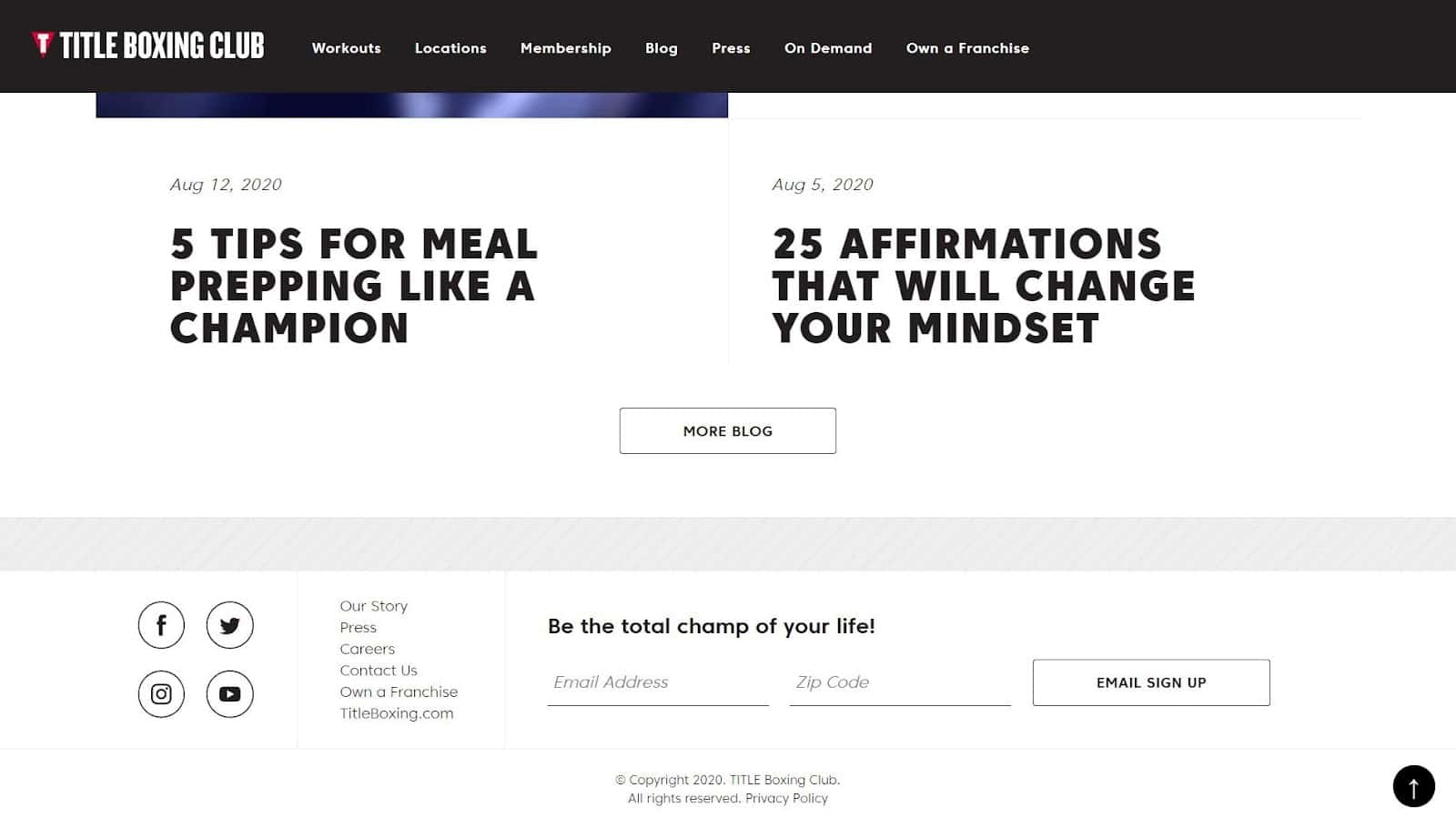 O formulário de inscrição de e-mail do TITLE Boxing Club, no rodapé de um e-mail, tem dois campos para os leads preencherem - seu e-mail e seu CEP.