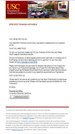 创建易于阅读的简洁电子邮件内容，以推动此类南加州大学经济援助电子邮件的行动。