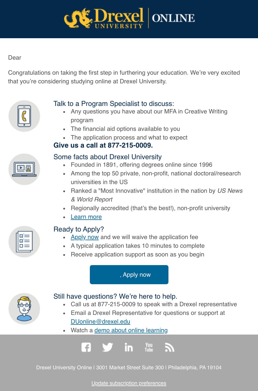 以德雷塞尔大学向潜在学生发送欢迎旅程电子邮件为例。