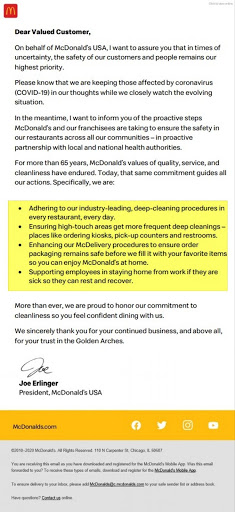맥도날드 코로나19 이메일 업데이트