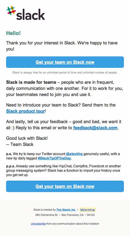 slack-automated-welcome-email-example：Slackのウェルカムメールは、サブスクライバーに製品ツアーに参加したり、フィードバックを提供したりするように招待します。