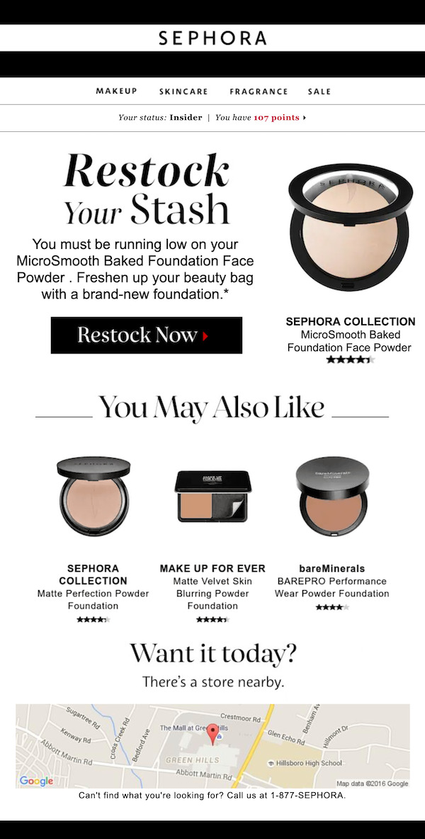 Sephora-Kollektions-Newsletter: Sephora sendet eine E-Mail „Restock your Stash“, die ihre Marke auf persönlicher Ebene verbindet.