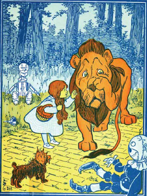 黄色いレンガの道にあるドロシー、トト、臆病ライオンのビンテージ画。