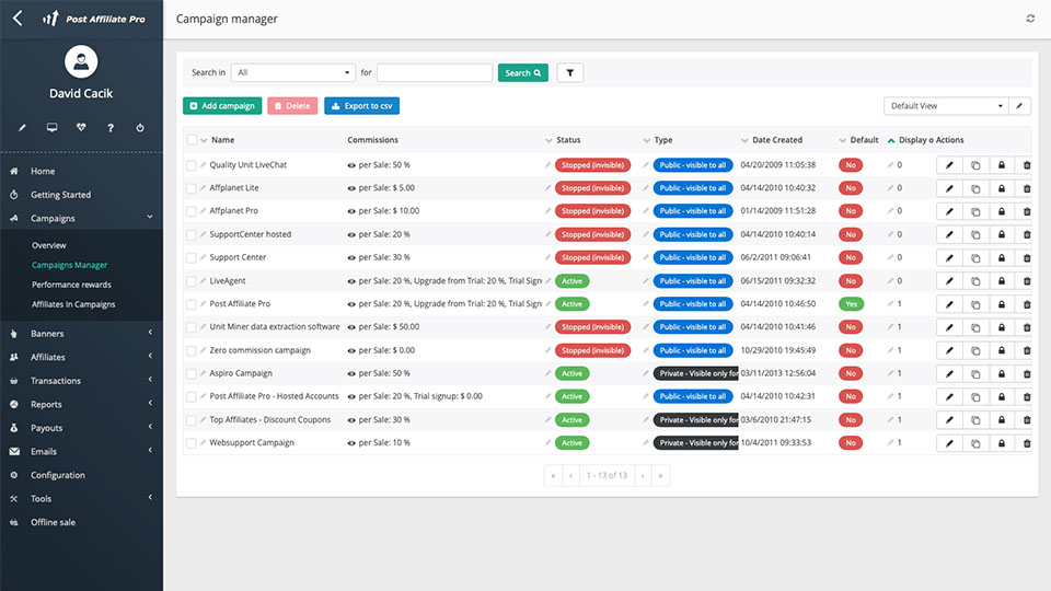 Panoramica delle campagne Post Affiliate Pro