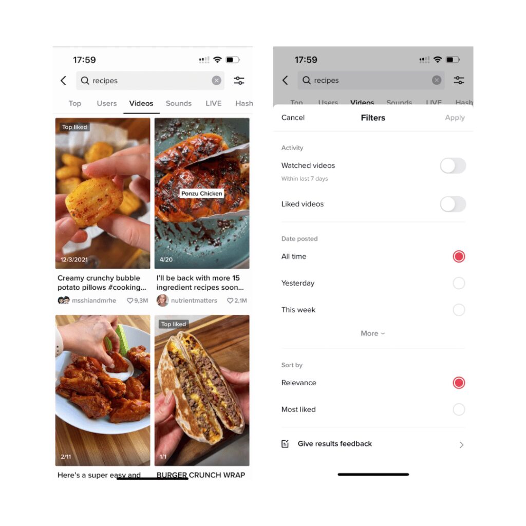 Wyszukiwanie i filtrowanie filmów TikTok