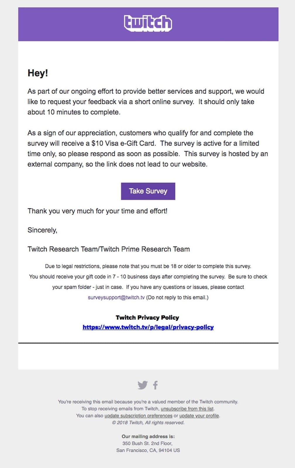 Twitch | e-mail de depoimento