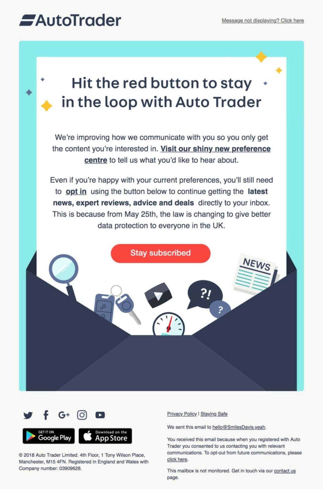 AutoTrader 电子邮件示例询问用户是否要取消订阅