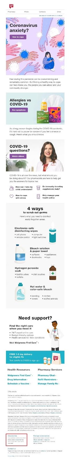 Walgreens 简单退订选项的示例