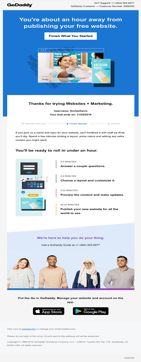 试用结束后的 GoDaddy 电子邮件示例