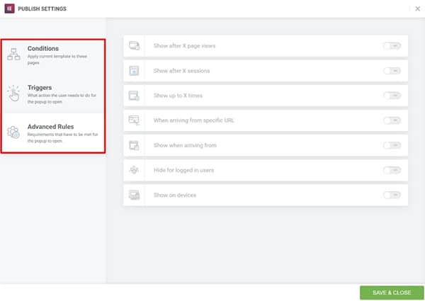 elementors条件トリガーと高度なルールの使用