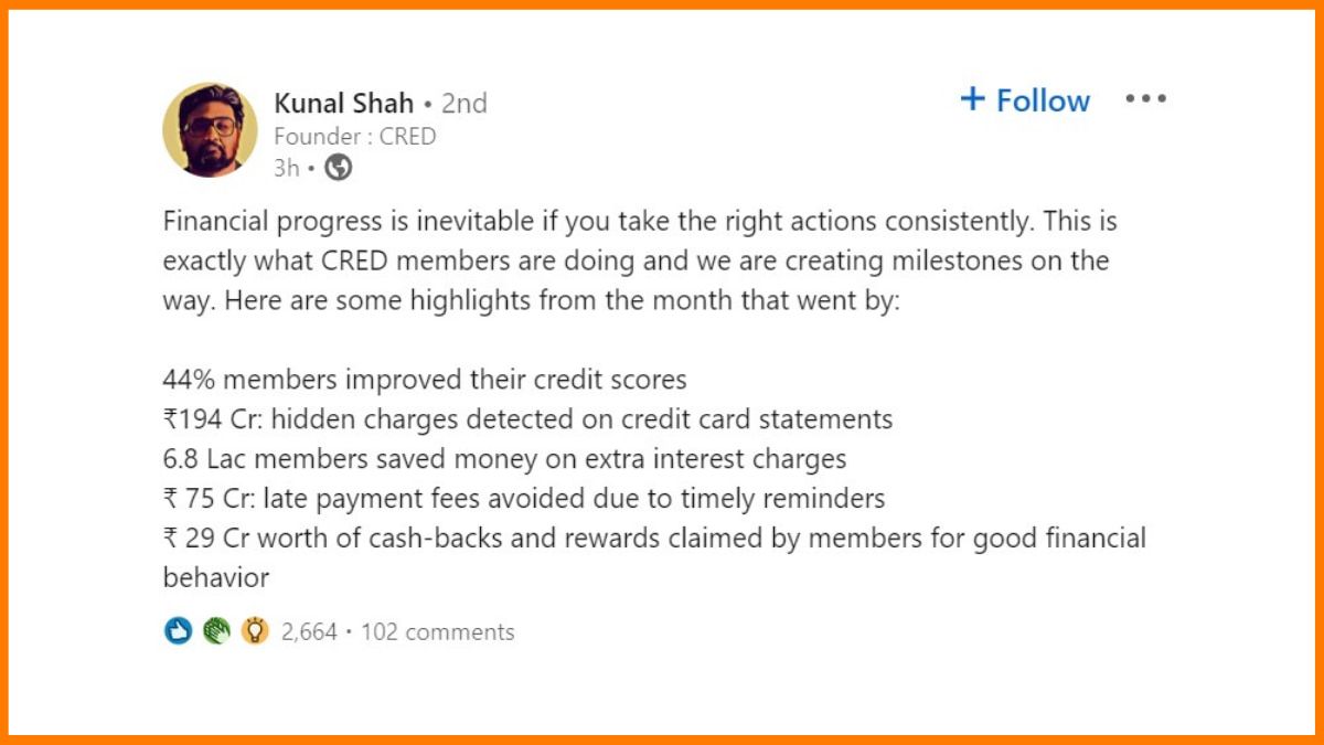 Kunal Shah แบ่งปันความก้าวหน้าทางการเงินของ Cred บน LinkedIn
