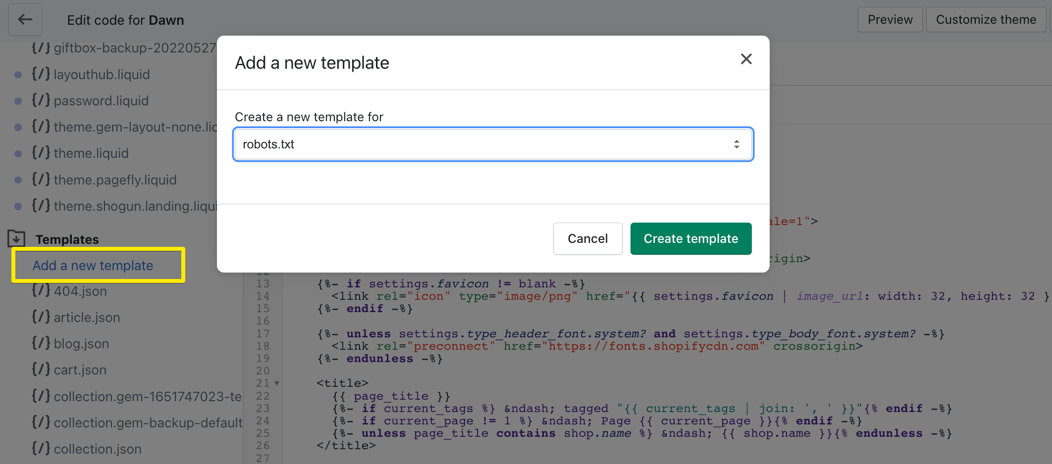 การเพิ่มเทมเพลตใหม่สำหรับ Shopify robots.txt