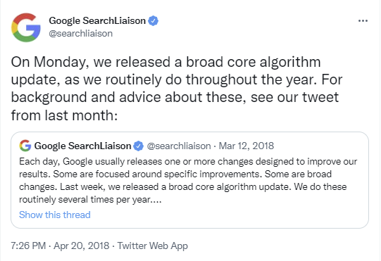 Captura de pantalla de un tweet de enlace de búsqueda de Google de abril de 2018