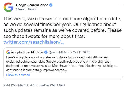 Captura de pantalla de un tweet de enlace de búsqueda de Google de junio de 2019