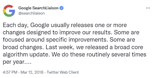 Captura de pantalla de un tweet de enlace de búsqueda de Google de marzo de 2018