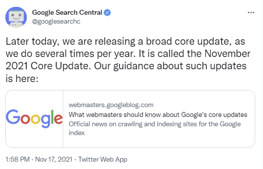 Captura de pantalla de un Tweet central de la Búsqueda de Google de noviembre de 2021