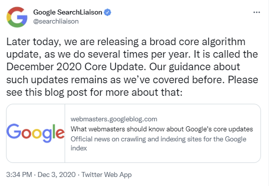 Captura de pantalla de un tweet de enlace de búsqueda de Google de diciembre de 2020