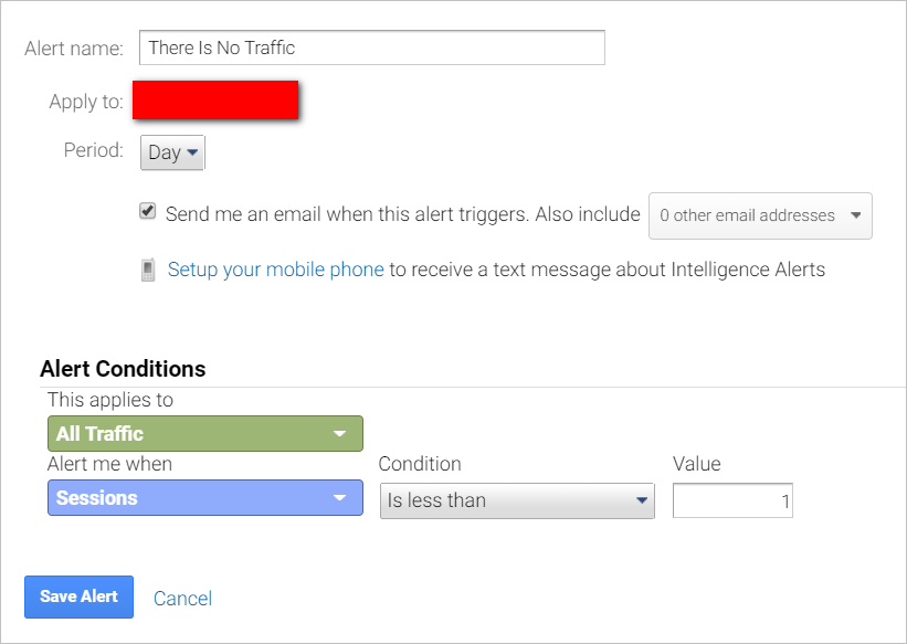 Kein Verkehrsalarm einrichten google analytics custom alerts-no traffic-setup