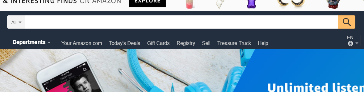 Pasek wyszukiwania Amazon.com amazon-search bar-magnifiying glass-signifier example-designing conversational interfaces