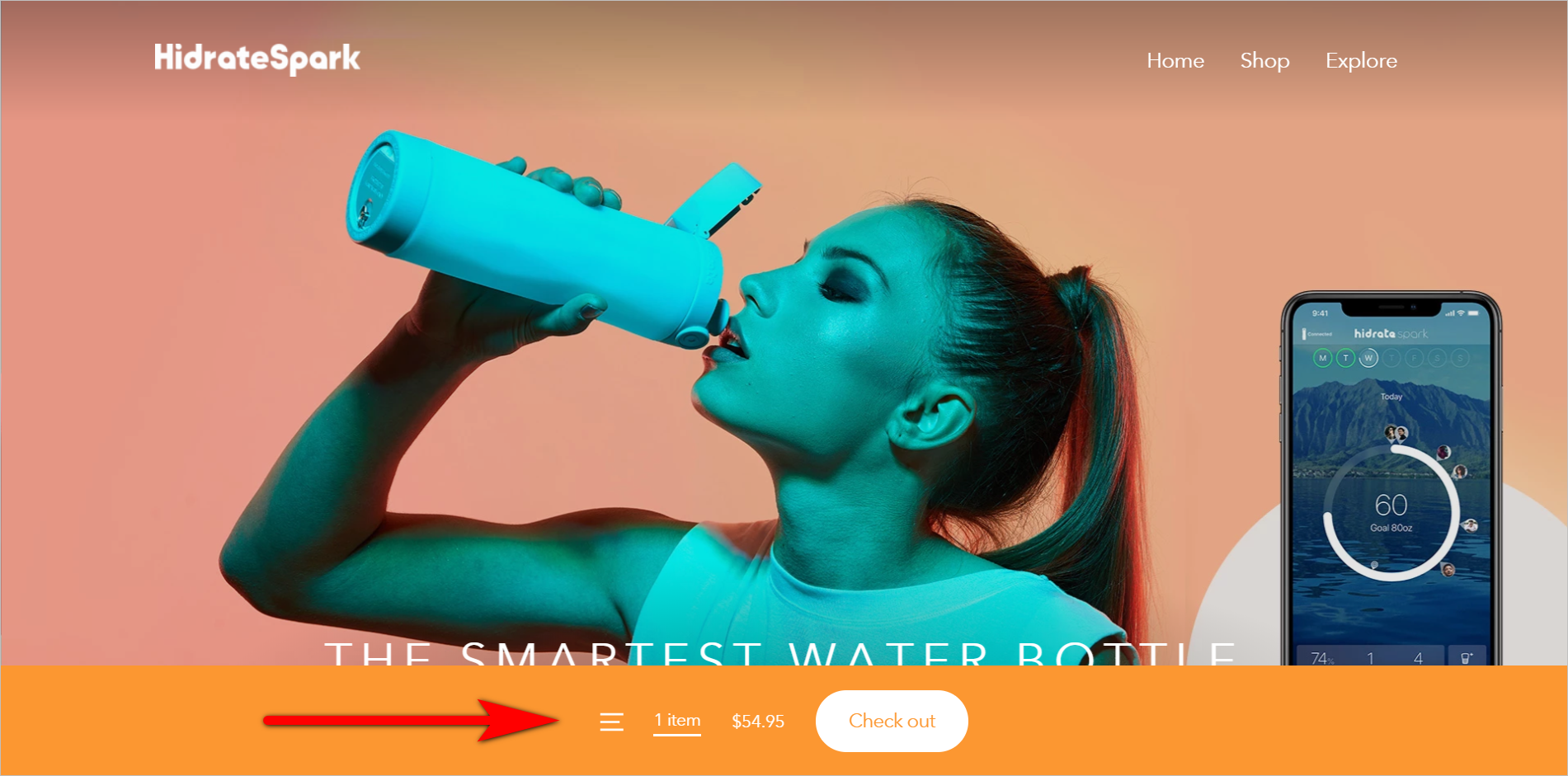 HidrateSpark.com Ana Sayfası trendy web design pitfalls - deviation from web conventions example - hidratespark homepage, without the typical cart icon in the upper right corner, and with a persistent bar at the bottom of the screen that indicates the number of items in the user's cart