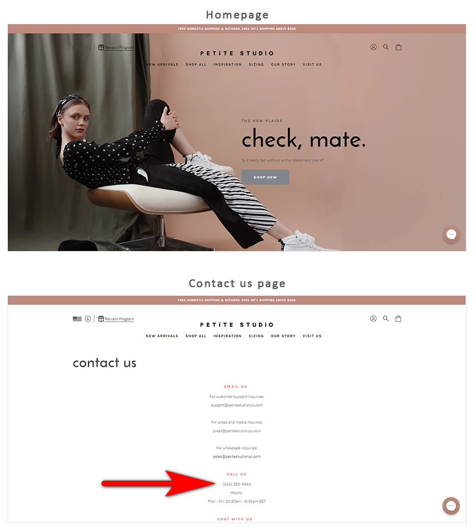 PetiteStudioNYC.com Ana Sayfası ve Bize Ulaşın Sayfası buried phone number example - petite studio nyc homepage above the fold without the phone number, and the contact us page with the phone number and hours of availability