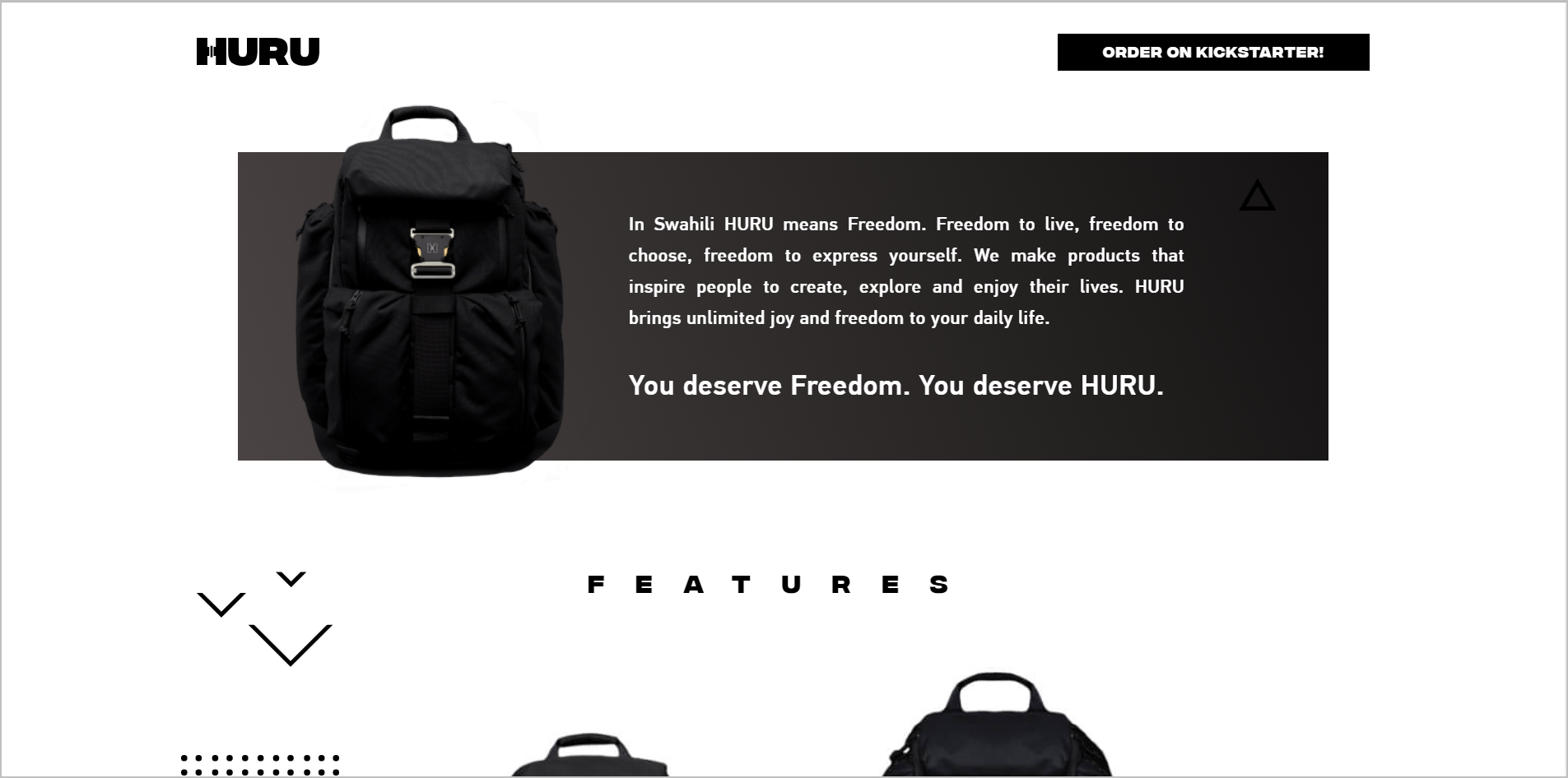 Huru.rocks PDP cta that blends in the page example - huru backpack product detail page using a black-and-white palette with a black cta button