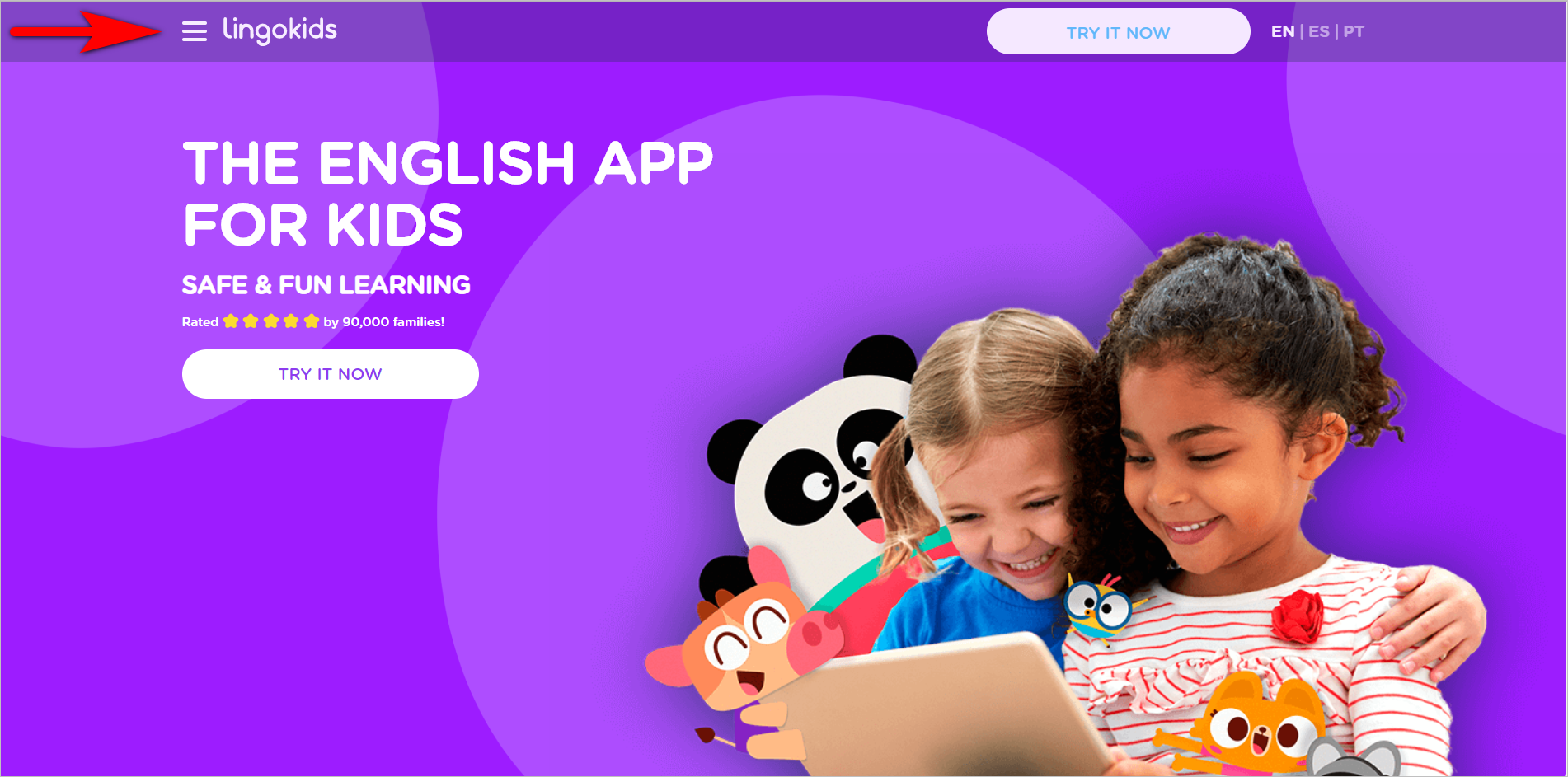 Lingokids.com Ana Sayfası trendy web design pitfalls - hamburger menu on lingokids.com homepage