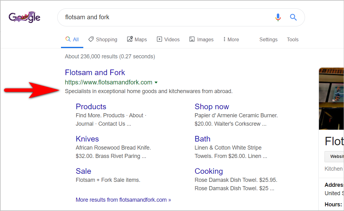 Flotsam ve Çatal SERP flotsam and fork in the google search engine results page
