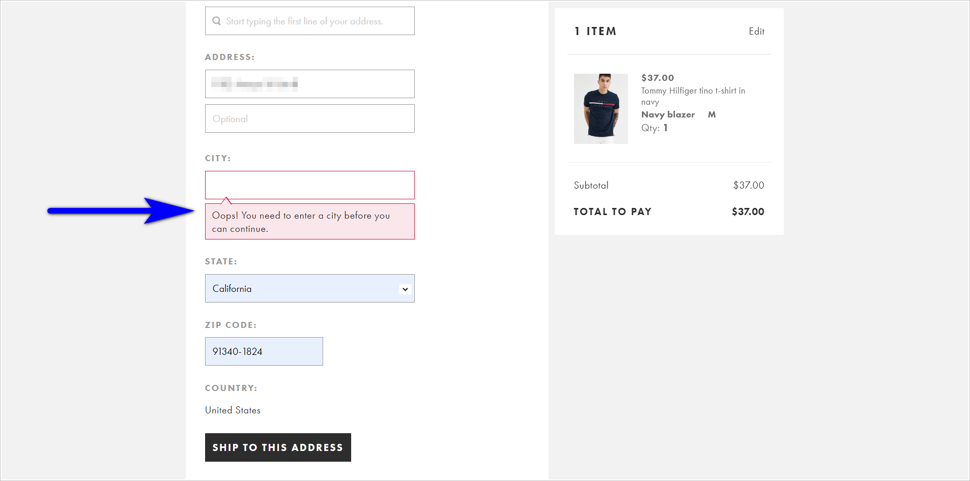 Checkout-Seite von Asos.com ecommerce checkout best practices - friendly missed field message example - a portion of asos.com's checkout page with the empty city field highlighted in a red box with an "oops! you need to enter a city before you can continue" error message