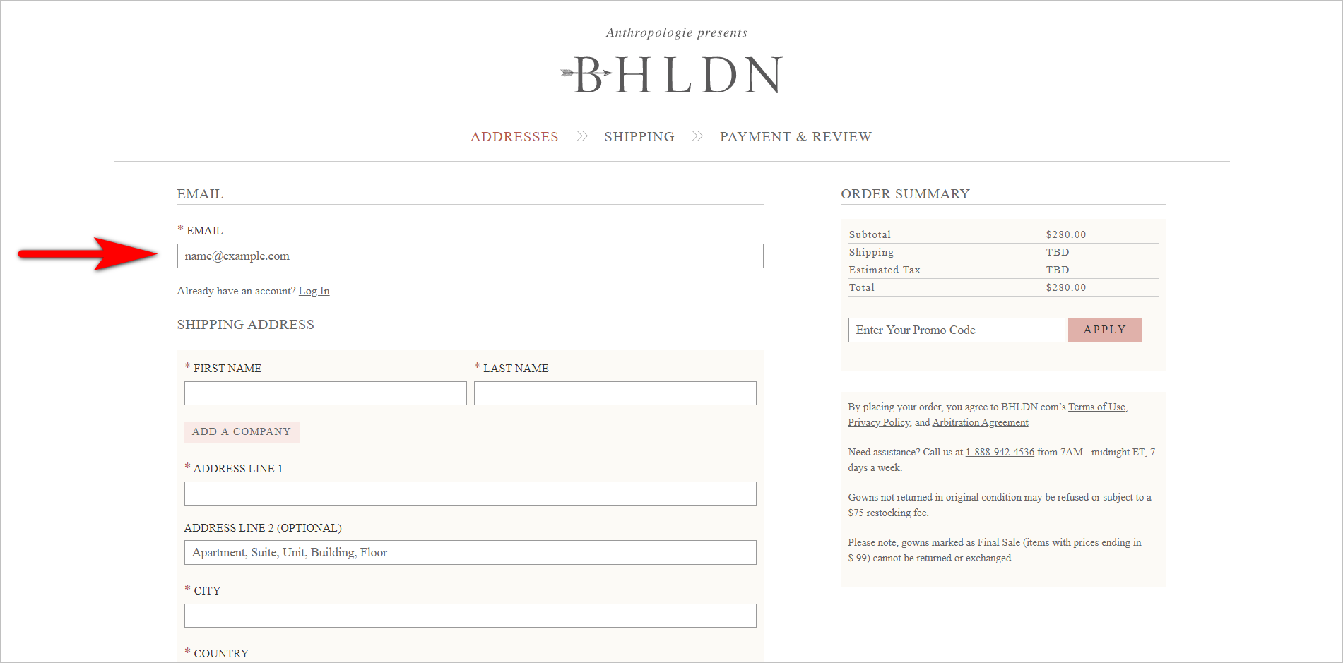 BHLDN.com Checkout: Adressenseite ecommerce checkout best practices - capturing the email address early example - the first page of bhldn.com's checkout with e-mail as the first field the user has to fill in