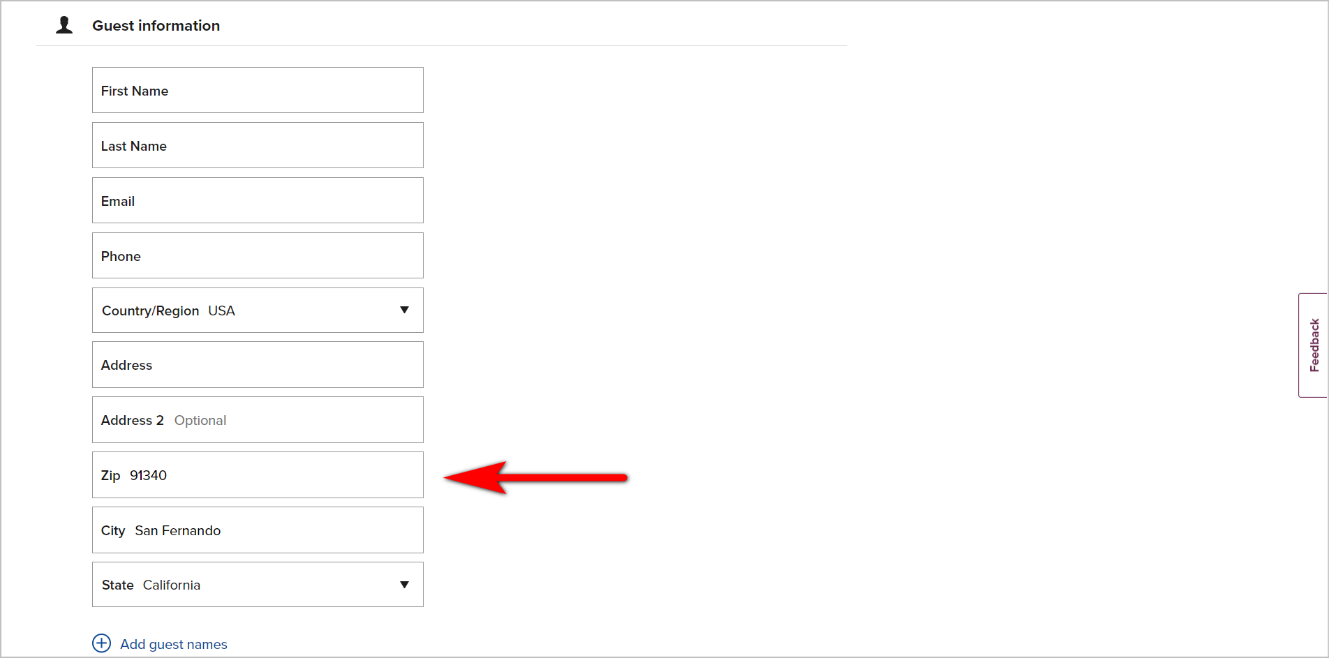 Hilton.com Checkout-Seite ecommerce checkout best practices- pre-populating form fields example -the guest information section of hilton.com's checkout page. towards the bottom of the section, the form asks for the zip code, city, and state. the city and state are automatically filled in after the user types in a zip code