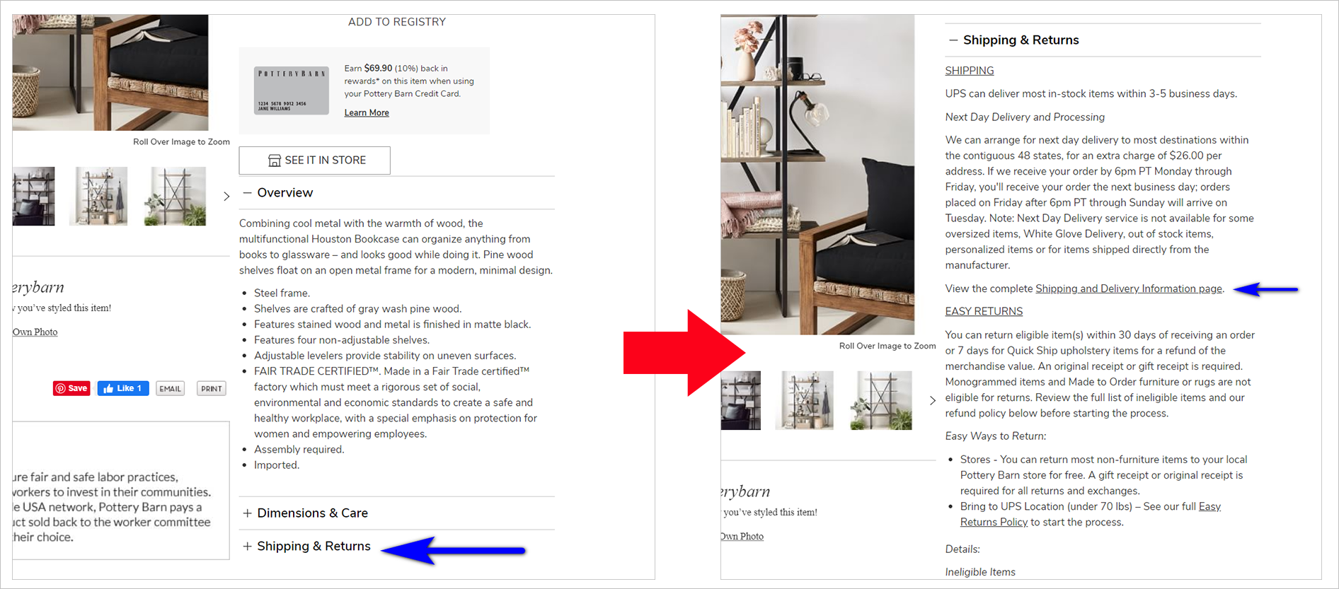PotteryBarn.com PDP mit Abschnitt Versand & Rücksendungen side by side images of potterybarn.com's pdp - the image on the left has "shipping & returns" in a collapsed state. on the right side, "shipping & returns" is expanded and shows a block of text with a "shipping and delivery information page" link
