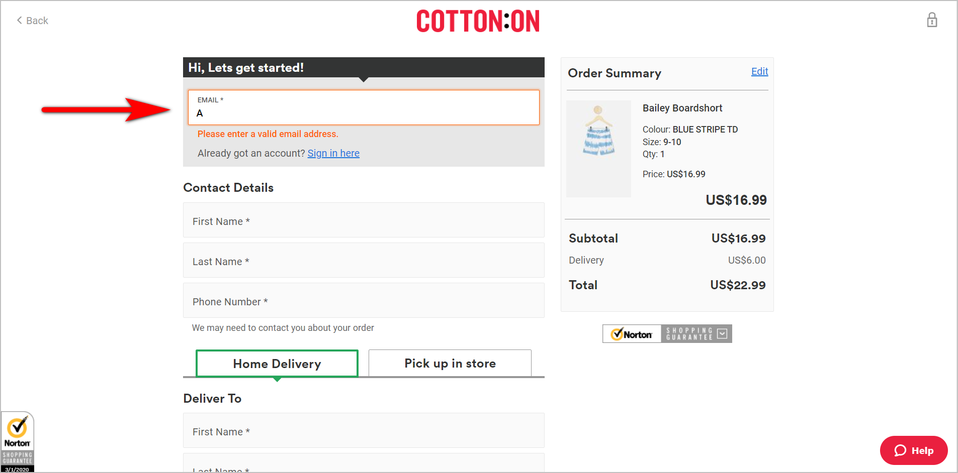 CottonOn.com Checkout-Seite: Formularvalidierung using form validation example - the top part of cotton.com's checkout page which asks for the user's e-mail address first. the e-mail address box has been filled in with an invalid e-mail address. the box has turned orange and tells the user "please enter a valid email address"