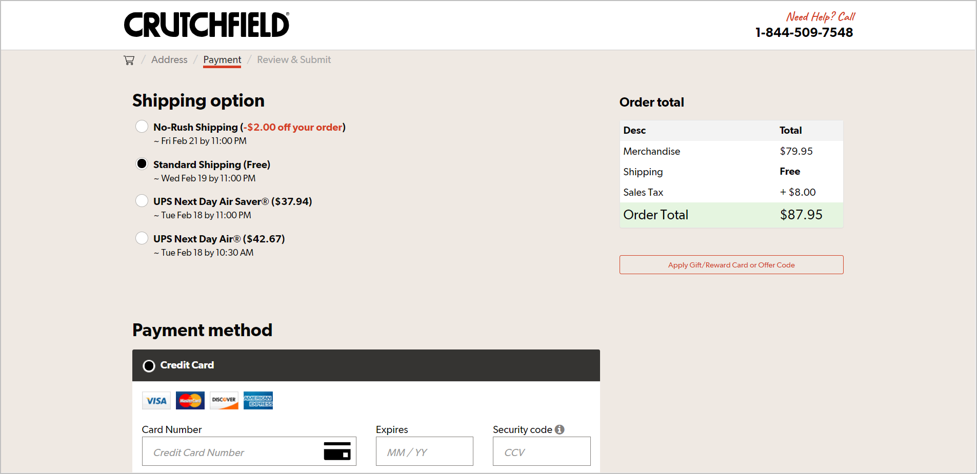 Zahlungsseite von Crutchfield.com failure to leverage the customer's excitement in checkout example - crutchfield.com's payment page with the shipping options and payment methods listed on the left and the order total on the right side. the order total section shows the total for "merchandise" but does not show the product name nor the image