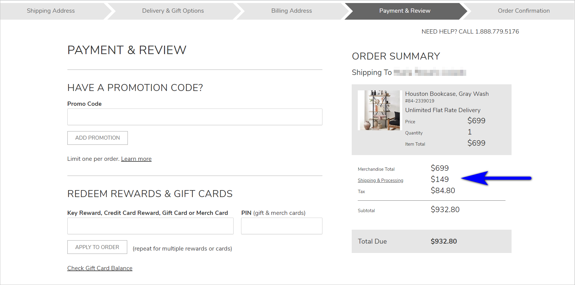 PotteryBarn.com Zahlungs- und Überprüfungsseite potterybarn.com's payment & review page - the order summary on the right side includes the product name and image, the merchandise total, shipping & processing, and tax