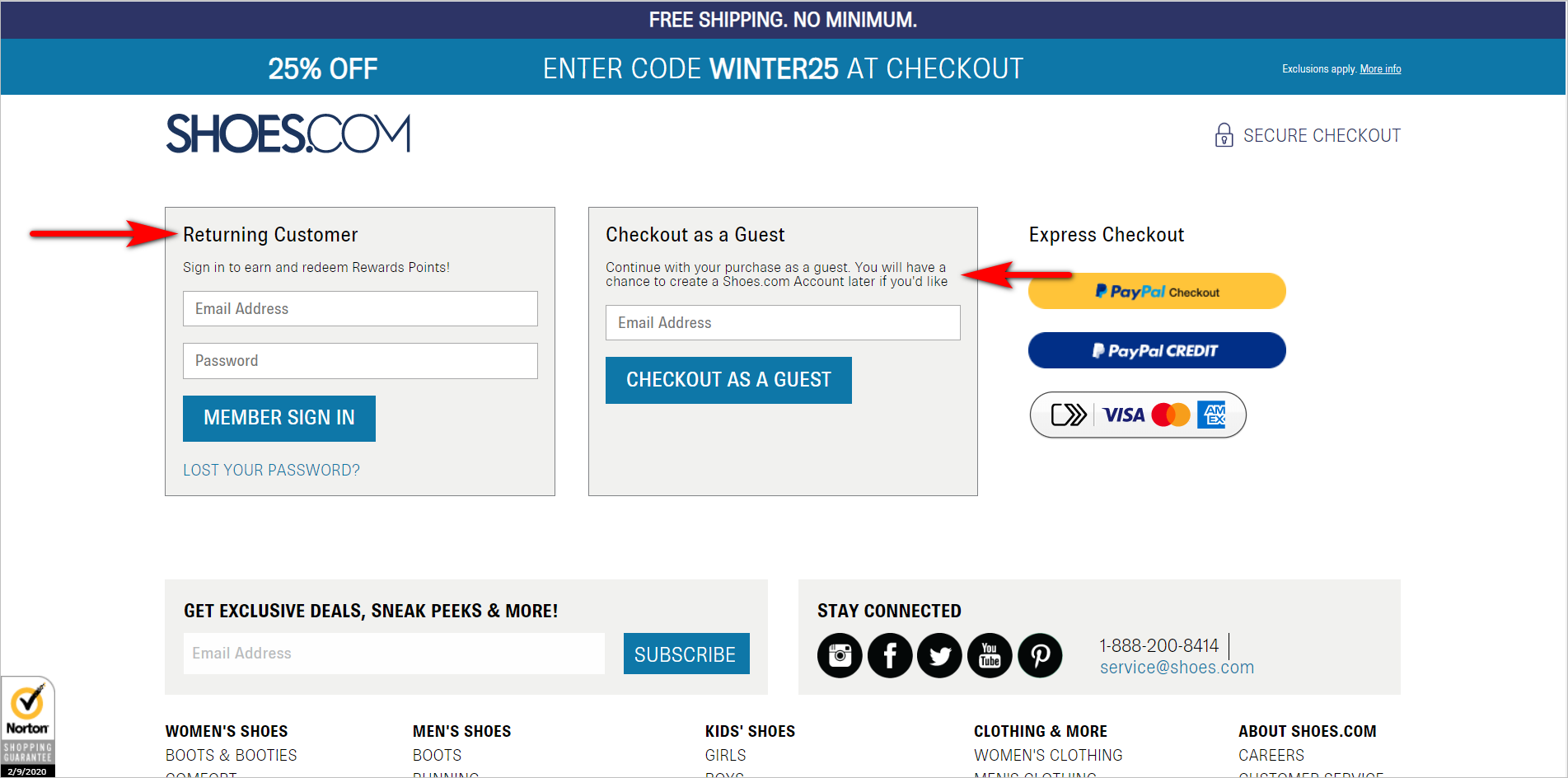 Shoes.com Secure Checkout: Wiederkehrender Kunde & Checkout als Gast ecommerce checkout best practices - allowing guest checkout example - shoes.com checkout with login option for returning customers and an e-mail address field for guest checkout