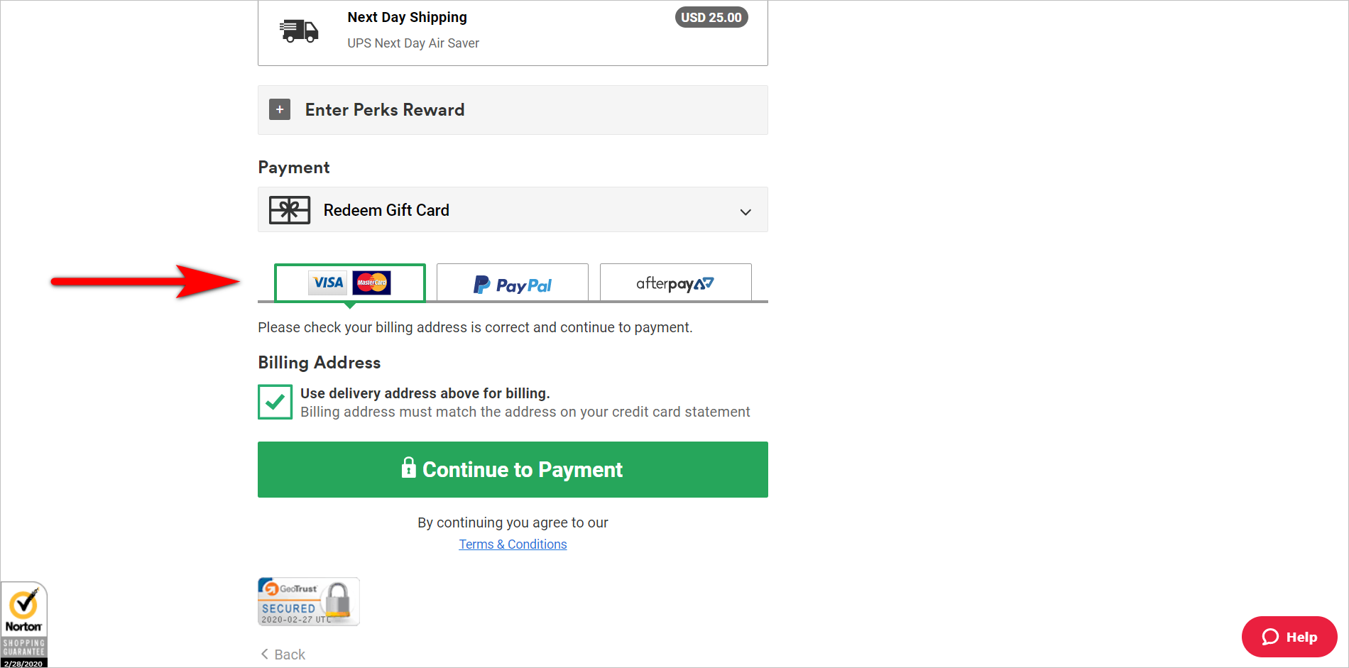 CottonOn.com Checkout-Seite: Zahlungsoptionen using data to determine how to list options example - a portion of cottonon.com's checkout page showing the payment methods displayed side by side. The credit card option (with the logos of visa, mastercard, and amex) is in the left-most side, paypal is in the middle, and afterpay is in the right-most portion